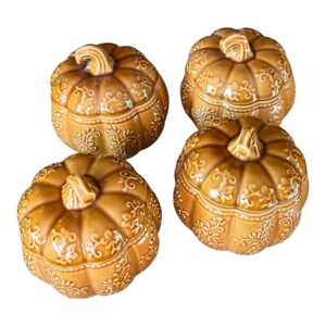 Temp-Tations Pumpkin-Shaped Ceramic Dish in Glossy Orange with White Trim X4